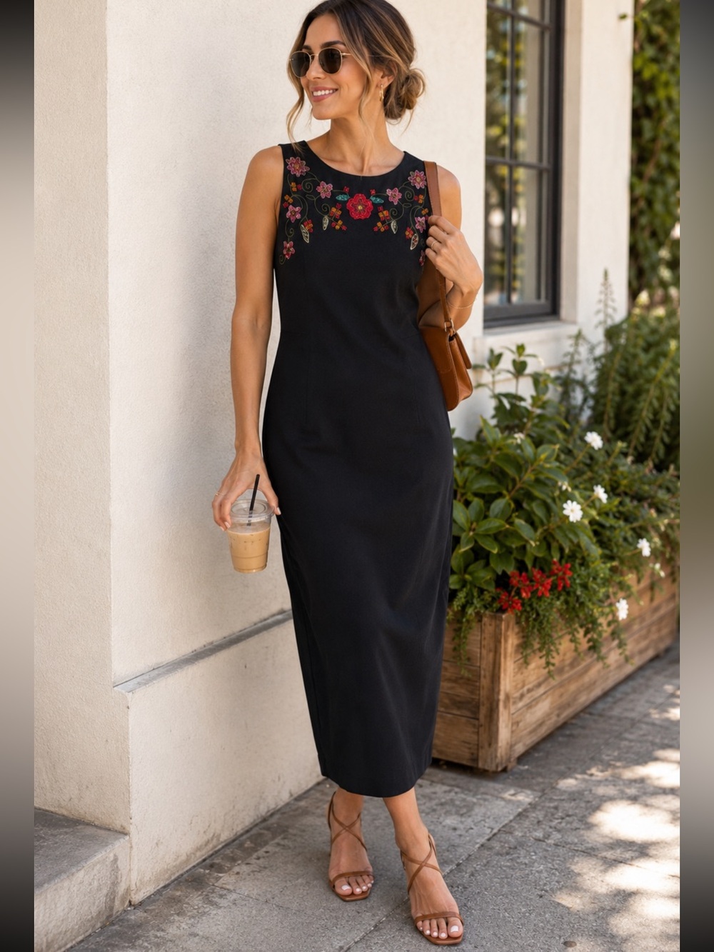 Vintage Virgo Black Floral Embroidered Sleeveless Midi Dress Size 8 90s